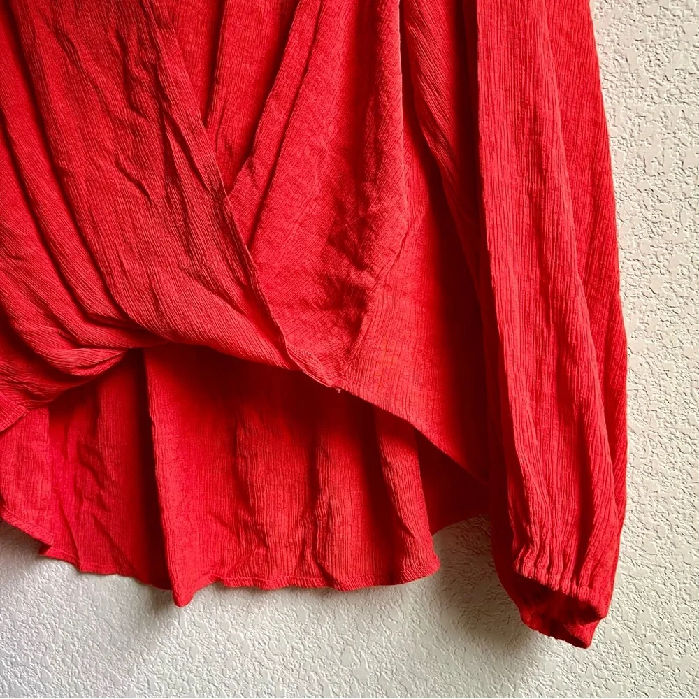 Free People Check On It Wrap Crinkle Crepe Blouse Top in Flame Red, size M